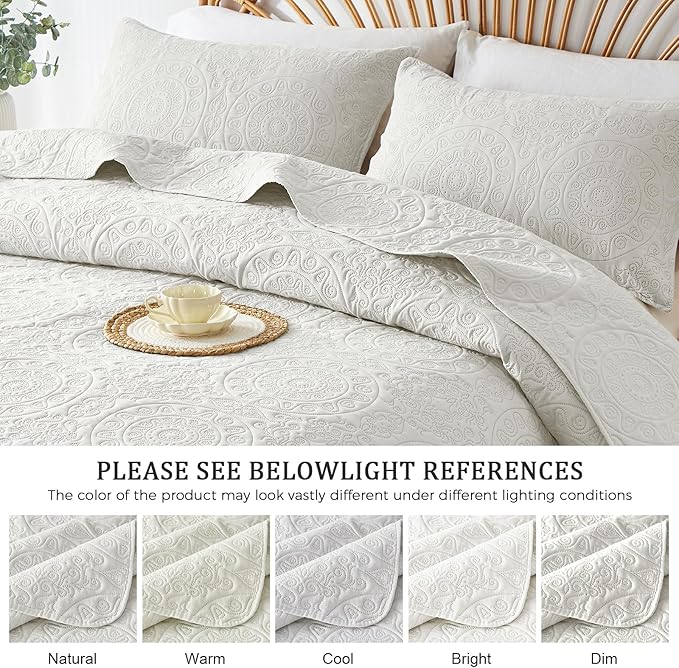 WURUIBO Cream White Quilt Set Twin Size, Embossing Microfiber Bedspreads with Pillow Sham, Ligthweight Breathable Thin Coverlet, Reversible Bedding Set for All Season (1 Quilt, 1 Pillow Sham)