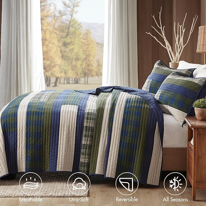 WOOLRICH Spruce Hill Reversible Quilt Set - Cottage Styling Reversed to Solid Color, All Season Lightweight Coverlet, Cozy Bedding Layer, Matching Shams, Oversized King/Cal King, Stripes Green 3 Piece