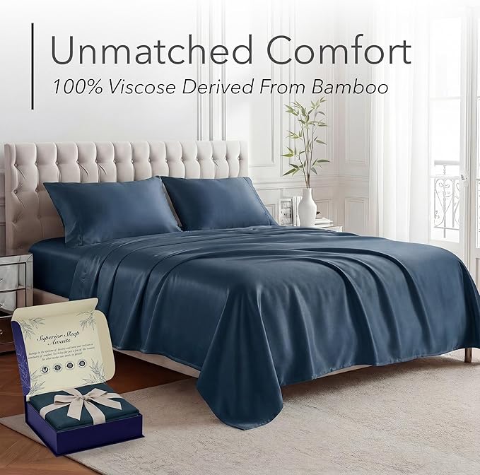 DECOLURE 100% Viscose Derived from Bamboo Sheets King Size - Luxury 4 Pc Naturally Cooling Sheets, Ultra Soft Bed Set - Deep 17" Pockets, Durable Double Stitching, Oeko Tex Standard (Navy Blue)