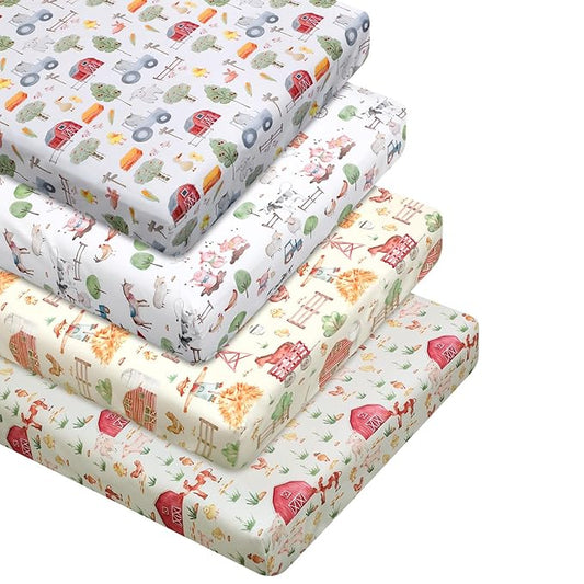 VitalCozy 4 Pcs Farm Animals Crib Sheet Set Newborn Bedding Nursery Baby Sheets for Girl Boys Baby Gifts for Standard Crib and Toddler Mattresses, 52 x 28 x 8 Inches