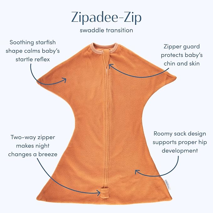 SleepingBaby Zipadee-Zip Transition Swaddle - Cozy Fleece Wearable Blanket with Two-Way Zipper for Baby Sleep - Spice, Small (4-8 Month)