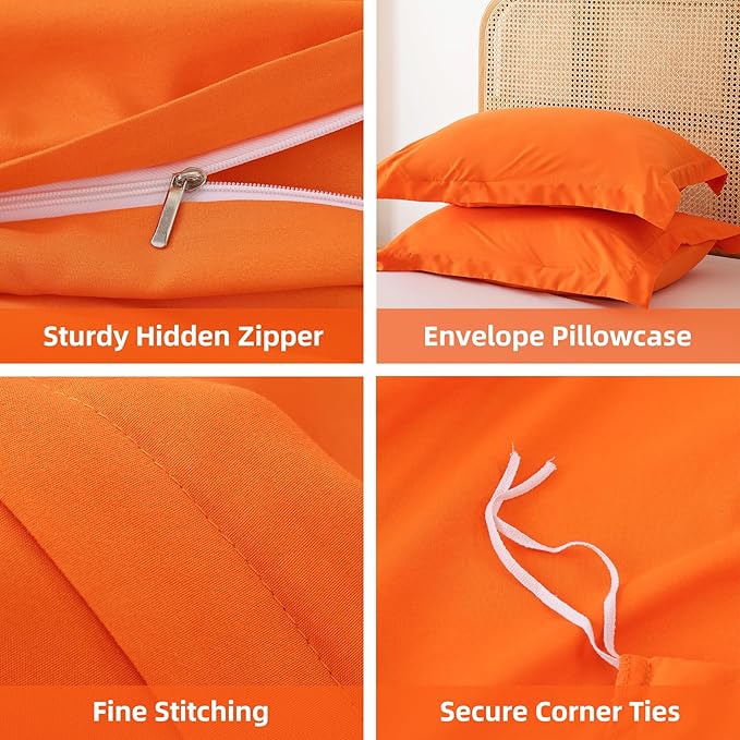 Whitney Home Textile Orange Duvet Cover Set King Size - 3 Piece Luxury Soft Cooling Duvet Cover with Zipper Closure and Pillow Sham, Breathable Washed Brushed Microfiber, Comforter Not Included