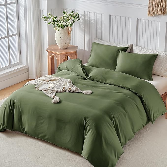 Lekesky Queen Size Duvet Cover Set, Olive Green Duvet Cover, Ultra-Soft Microfiber 3 Pieces Comforter Cover with Zipper and Corner Ties, Includes 2 Pillowcases 20"x26"