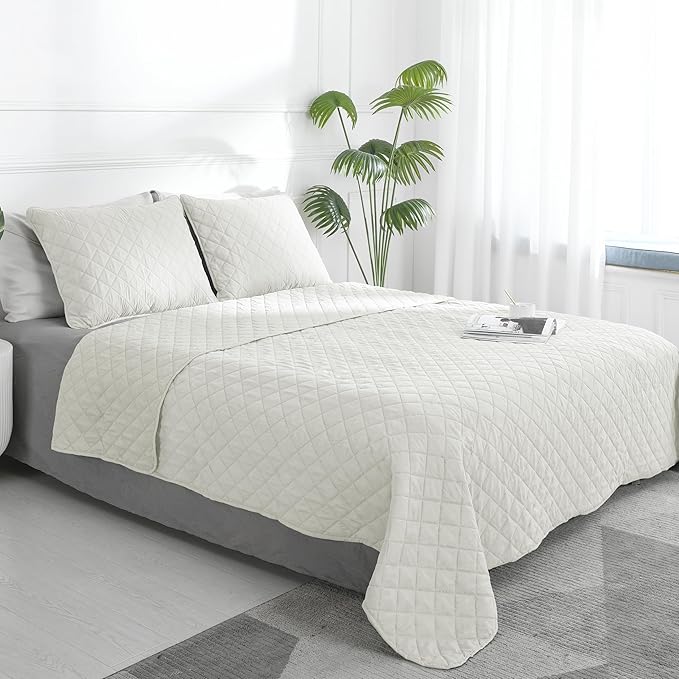 Easy-Going Twin Size Reversible Quilt Set with 1 Quilt and 1 Pillow Sham, Soft Bed Quilt Cover, Water Resistant Lightweight Microfiber Bedspread, Stain Resistant, Ivory/Ivory
