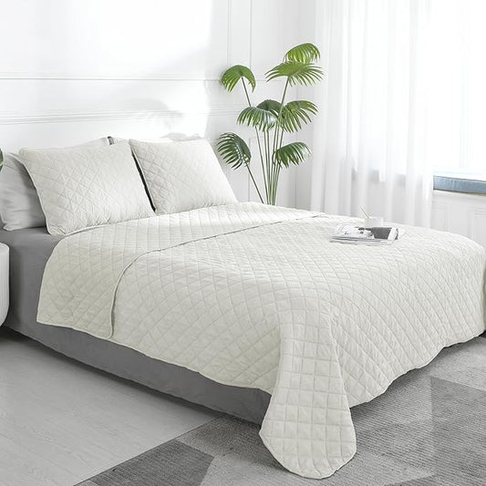 Easy-Going Twin Size Reversible Quilt Set with 1 Quilt and 1 Pillow Sham, Soft Bed Quilt Cover, Water Resistant Lightweight Microfiber Bedspread, Stain Resistant, Ivory/Ivory