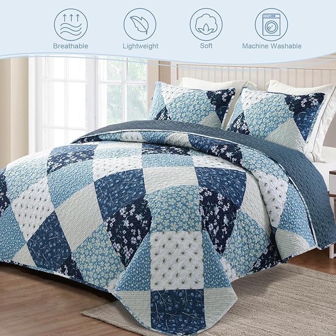 Exclusivo Mezcla Reversible Boho Quilts King Size, Blue Bedspreads Lightweight Coverlet All Season Patchwork Quilt Bedding Set with Printed Floral Pattern (1 Quilt, 2 Pillow Shams)