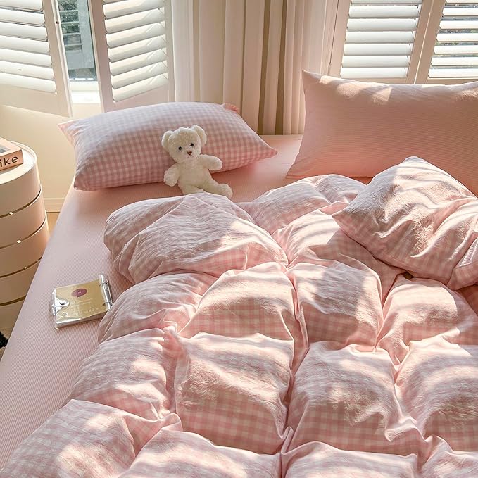 mixinni Light Pink Gingham Duvet Cover Set King Size - 100% Washed Cotton 3 Piece Plaid Checkered Bedding Set, Soft Comfy Grid Farmhouse Comforter Cover with Zipper Closure & Corner Ties