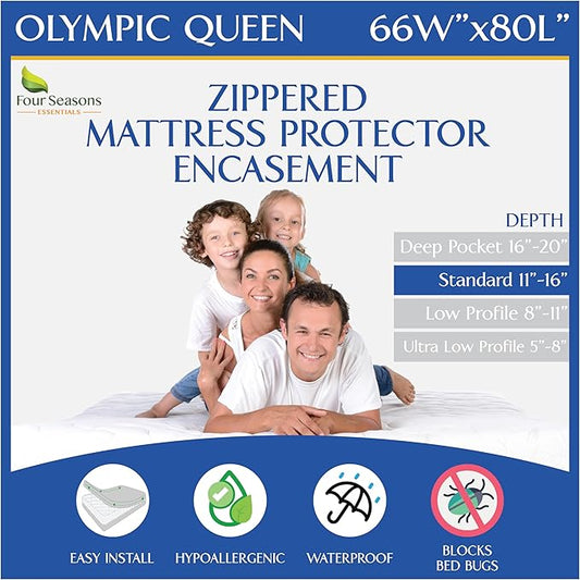 Zippered Olympic Queen Mattress Protector (66"x80") - Super Queen Size Bedbug Waterproof Mattress Cover, Premium Quality Hypoallergenic Bed Encasement