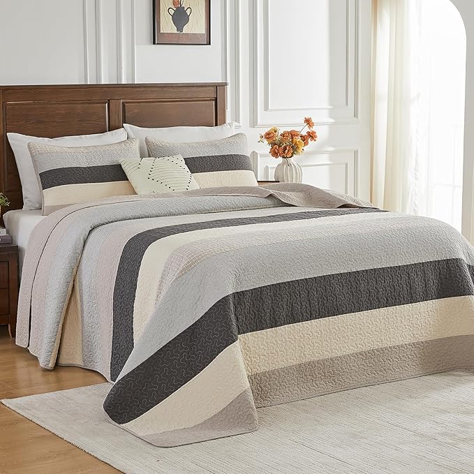 Oversized King Quilt Bedspread Coverlet 120x120, 100% Cotton Extra Large Quilt with Pillow Shams, Soft Yarn Dyed Striped Bedding Set, Gray/Khaki/Beige/Charcoal
