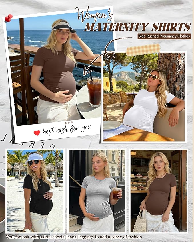 Huukeay 4 Pack Women's Maternity Shirts, Crew Neck Maternity Top Short Sleeve Casual Cotton Tee Side Ruched Pregnancy Clothes