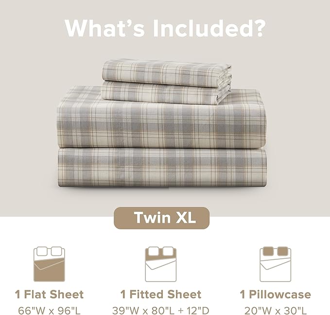 Comfort Spaces 100% Cotton Sheets Twin XL, Breathable, Naturally Cool Cotton Sheets, Soft Cotton Bed Sheets with 12" Elastic Pocket Fits up to 14" Mattress, All Seasons Sheet Set, Wesley Taupe 3 Piece