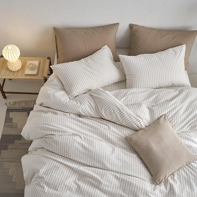 MooMee Striped Duvet Cover Set 100% Washed Cotton Linen Like Textured Breathable Durable Soft Comfy (White Tannish Linen Grey Wide Stripes, Oversized Queen 98"x98")