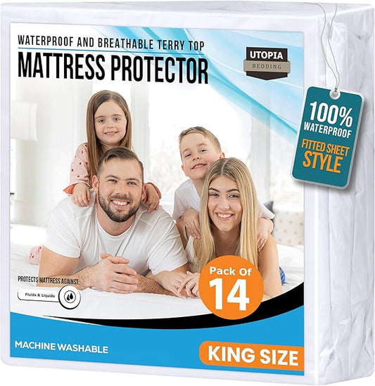 Utopia Bedding Waterproof Mattress Protector King Size 14 Pack, Premium 200 GSM Terry Mattress Cover, Soft & Breathable Bed Cover, Fitted Sheet Style with Stretchable Deep Pockets 17" (White)