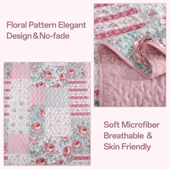 Patchwork Quilt Set Queen Size, Pink Floral Plaid Bedspread Coverlet Set Boho Rustic Quilt Bed Cover, 3 Piece Soft Microfiber Reversible Pink Grey Bedding Set for Women Girls