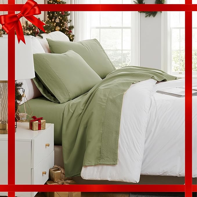 Southshore Fine Living Inc. Split King Bed Sheets 5-Piece Set | 21" Extra Deep Pocket with 2 Pillowcases | Hotel Luxury Quality | Easy Care Shrinkage Free Bedsheet | Microfiber Bedsheets | Sage Green