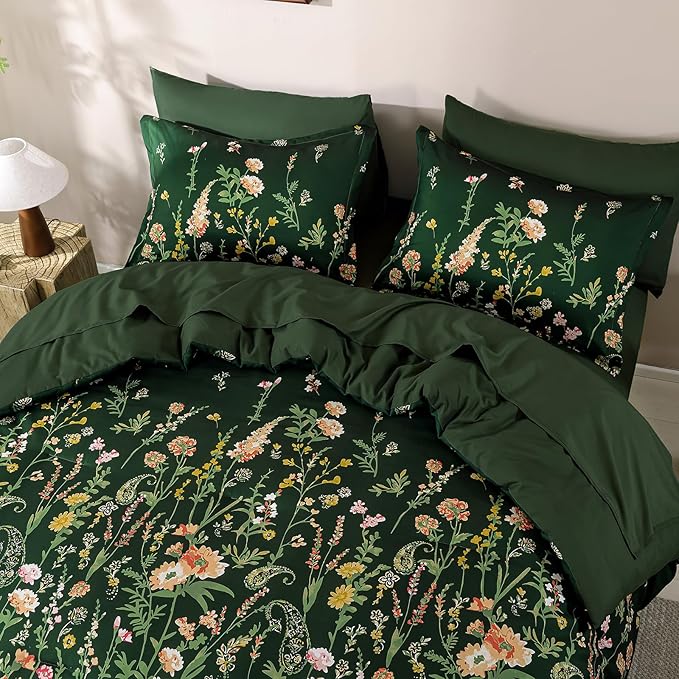 Yiran Comforter Set King Size Dark Green, 7 Piece Floral Flowers Comforter Bedding Set, Bed in a Bag King, Soft Microfiber Complete Bedding Set with Sheets for All Season