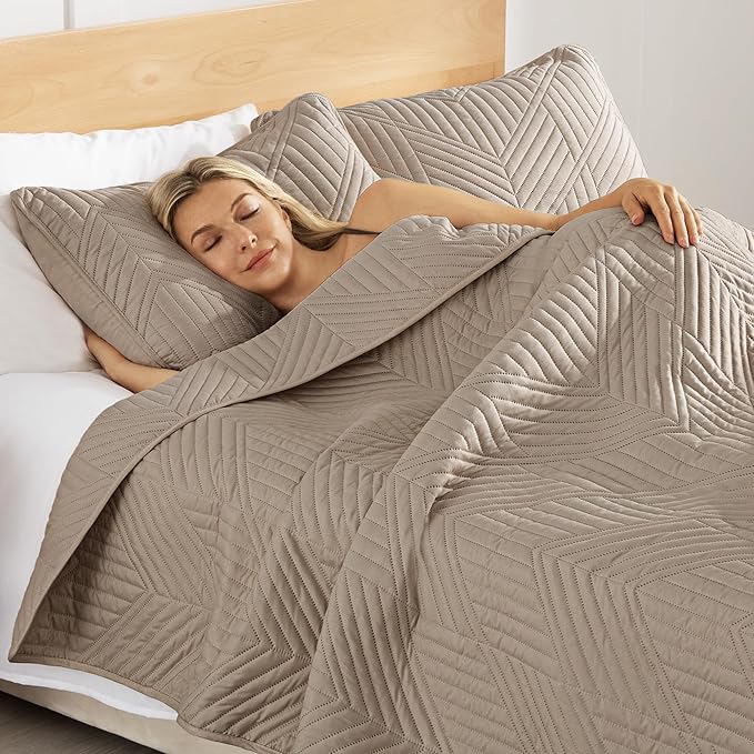 Exclusivo Mezcla Ultrasonic Full Queen Quilt Bedding Set, Lightweight Taupe Bedspreads Soft Modern Geometric Coverlet Set for All Seasons (1 Quilt and 2 Pillow Shams)