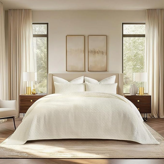EVERGRACE Cross Stitch Pre-Washed Cotton Quilt Bedding Set Queen Size, Oversized 3 Pieces Lightweight Bedspread Coverlet for All Season, with 2 Matching Shams, Cream, 92"x96"