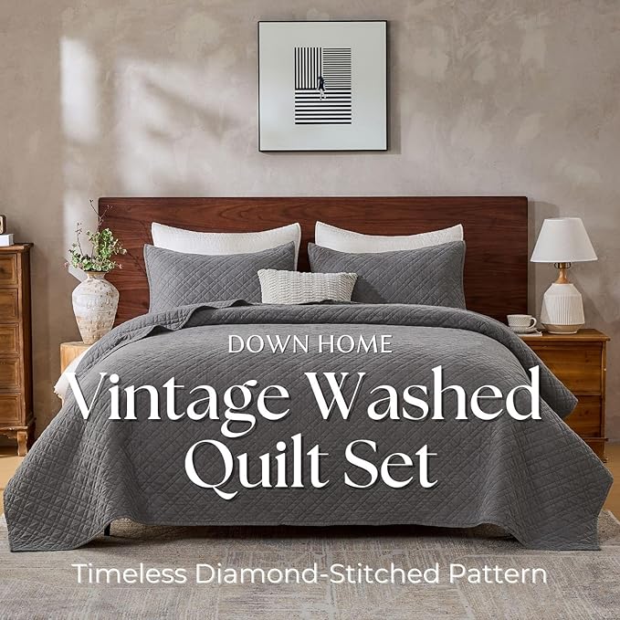 King Quilt Set with Shams Lightweight Quilted Bedspread Coverlet Thin Comforter Bed Cover Vintage Washed Quilted Blanket for All Season, Brushed Microfiber Diamond Stitching, Ash Gray, 104"x92"