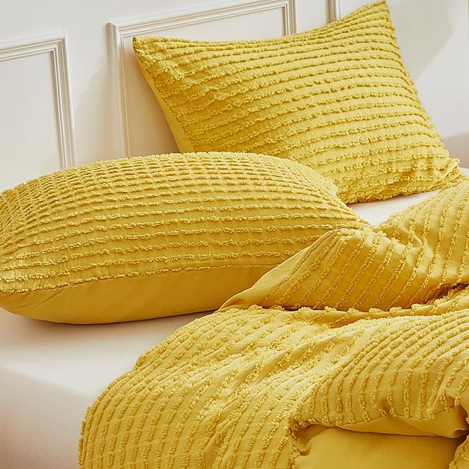 WARMDERN Boho Duvet Cover Set King Size,Yellow Striped Duvet Cover Microfiber Bedding Set,3PCS Ultra Soft Breathable Lightweight Tuft Texture Pattern Duvet Covers with Zipper Closure(Yellow,King)