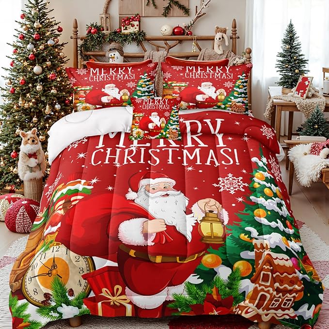 Red Christmas Comforter Set Santa Claus Bedding Set King Size Christmas Tree Decor Happy New Year Festival Theme Bedding Quilt Boys Girls Xmas Gifts Soft Lightweight Quilted Comforter 4 Pcs