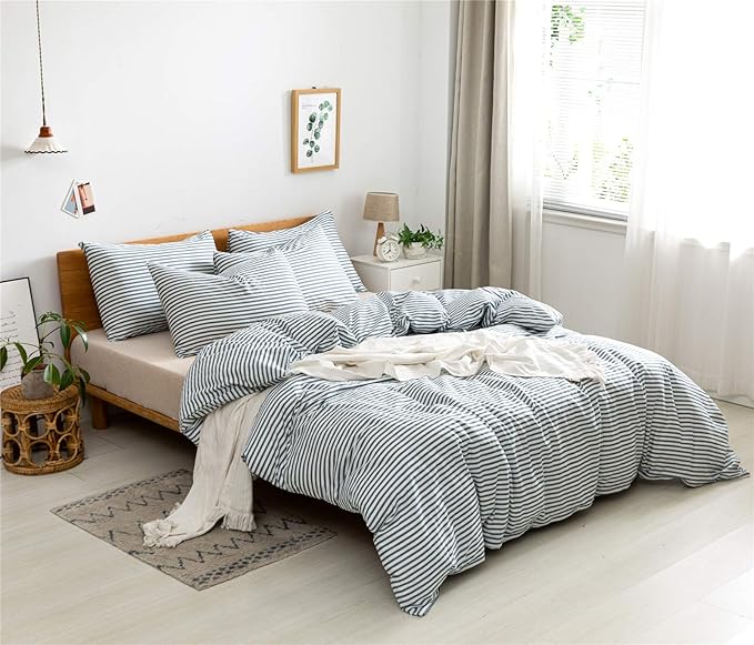 JELLYMONI 100% Natural Cotton 2pcs Striped Duvet Cover Sets,White Duvet Cover with Grayish Blue Stripes Pattern Printed Comforter Cover,with Zipper Closure & Corner Ties(Twin Size)
