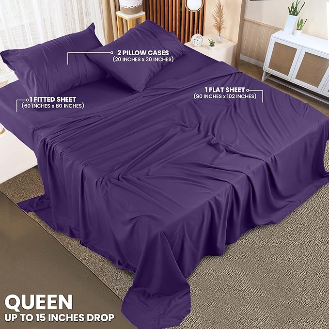 Utopia Bedding Queen Size Sheet Set – 4 Piece Bed Sheets, Soft and Breathable Microfiber, Includes 1 Fitted Sheet, 1 Flat Sheet and 2 Pillowcases – Oeko Tex (Eggplant)
