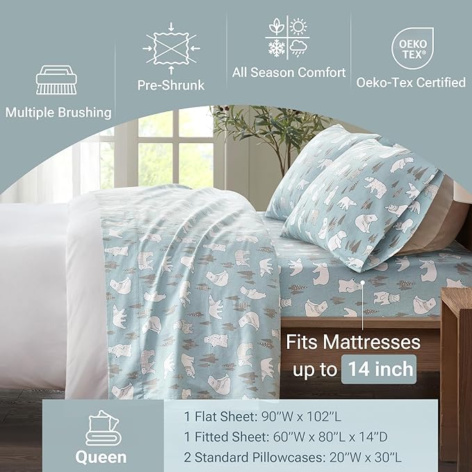 True North by Sleep Philosophy Cozy Flannel Warm 100% Cotton Sheet - Novelty Print Animals Stars Cute Ultra Soft Cold Weather Bedding Set, Queen, Blue Polar Bears 4 Piece