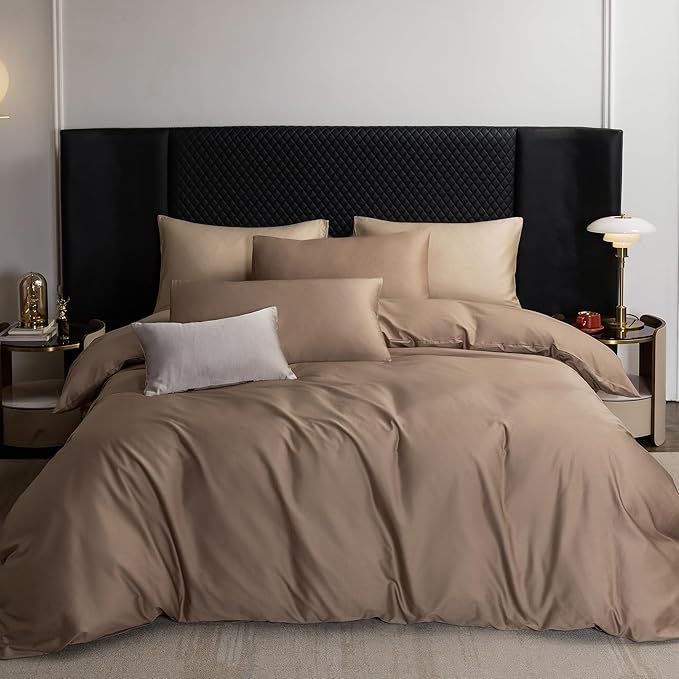 MooMee Duvet Cover Set 100% Extra Long Staple Cotton 600 Thread Count Silky Sateen Smooth Luxury Soft Breathable Durable Hotel Quality Bedding, 3 Pieces (Brown, King 104"x90")