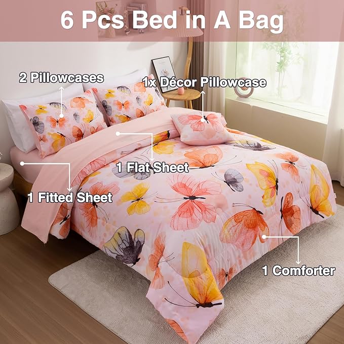 A Nice Night 6pcs Bed in A Bag Watercolor Ink Wash Tie-Dye Butterfly Printed, Butterflies Bedding Comforter Set, Orange Full