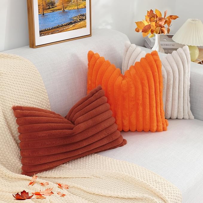 decorUhome Cozy Faux Fur Spring Throw Pillow Covers 16x16 Set of 2 Decorative Soft Plush Striped Modern Farmhouse Boho Couch Pillow Cases with Velvet Back for Sofa Bed Living Room, Rust
