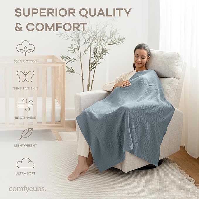 Comfy Cubs Muslin Swaddle Blankets Pack of 3, 42 x 42 Inch Soft 100% Cotton Baby Blanket Set, Large Wraps for Newborns - Self-Soothing Swaddles for Newborns - Heather Blue, Pacific Blue, Fern