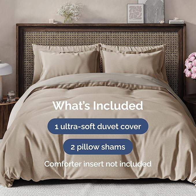 Duvet Cover Queen Size - Extra Soft Queen Size Duvet Cover - Lightweight, Breathable, Easy Care & Fade Free w/ Zipper Closures & Ties - 90" x 90" Inches - (Heathered Beige) Comforter Not Included