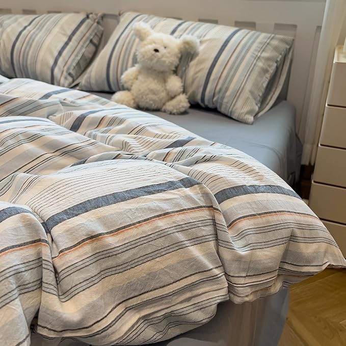 mixinni Vintage Blue and White Striped Duvet Cover Set Twin Size - 100% Washed Cotton 3 Piece Bedding Set with Geometric Pattern, Soft Breathable Comforter Cover with Zipper Closure & Corner Ties
