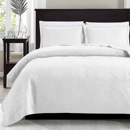 Love's cabin King Size Quilt Set White Bedspreads - Soft Bed Summer Lightweight Bedspread Comforter - Modern Style Wave Pattern Coverlet for All Season - 3 Pieces (1 Quilt, 2 Pillow Shams)