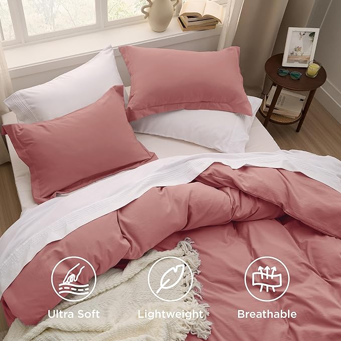 Bedsure Pink Clay Duvet Cover King Size - 3 Pieces Prewashed Cotton-Like Extra Soft Bedding Set, Includes 1 Duvet Cover 104x90 Inches with Zipper Closure & 2 Pillow Shams, Comforter Not Included