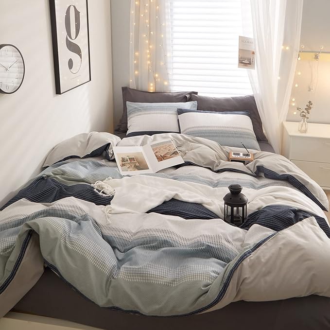 LifeTB Cotton Duvet Cover Queen White Blue Gray Stripe Comforter Cover Geometric Stripe Bedding Set Modern Soft Duvet Cover for Men Boy Teen Boho Queen Duvet Cover Set
