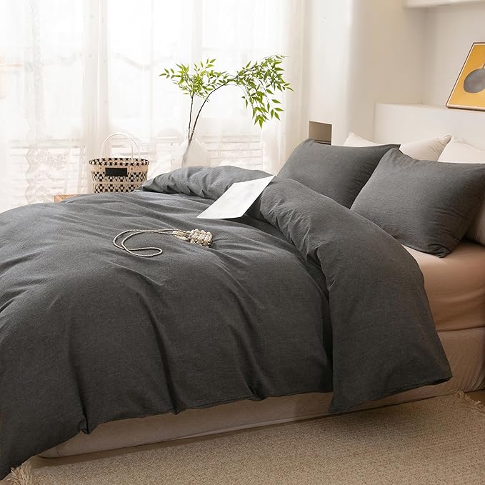 ECOCOTT Grey Duvet Cover Queen Size, 100% Washed Cotton 1 Duvet Cover with Zipper and 2 Pillowcases, Ultra Soft and Easy Care Breathable Cozy Simple Style Bedding Set(Dark Grey)