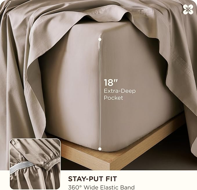 Bedsure Cooling Sheets, Rayon Derived from Bamboo & Cotton Blend, GentleSoft, Breathable, Queen Sheet Set, Deep Pocket Up to 18 Inches, Hotel Luxury Bedding for Hot Sleepers, Simply Taupe