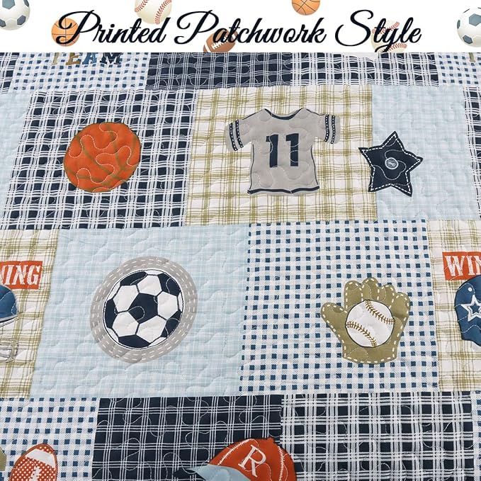 Cozy Line Home Fashions Blue Sports Baseball Basketball Soccer Ball Football Quilt Set Bedspread Coverlet for Boys Kids (Sport, Queen - 3 Piece)