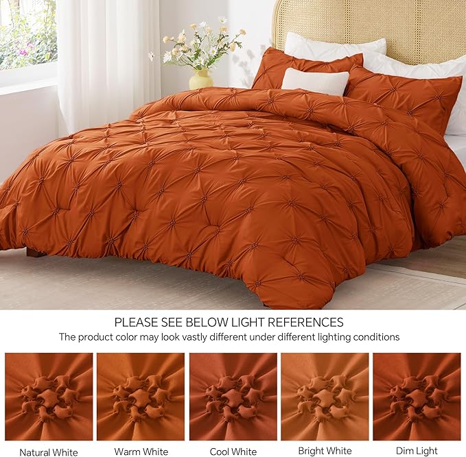BEDELITE Burnt Orange King Size Comforter Set - 3 Pieces Boho Pintuck Bedding Comforter Sets, Lightweight Soft & Warm King Bedding Set with 2 Pillowcases for All Season