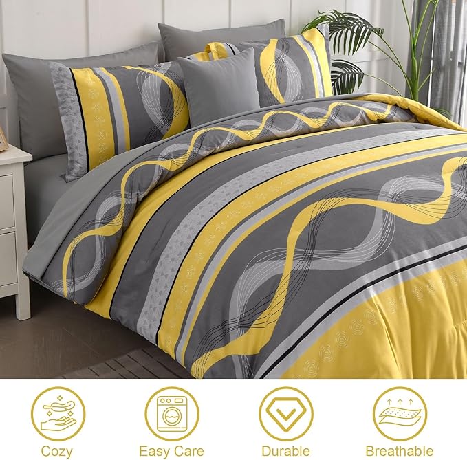 Anibedding Yellow Comforter Set Twin Size,6 Pieces Bed in a Bag Patchwork Striped Bedding Sets,Boho Soft Microfiber Bedding Set for All Season(86"×68")