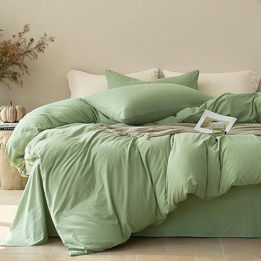 JELLYMONI Duvet Cover Twin Size - Washed Cotton Comforter Cover with Linen-Like Texture, Breathable & Soft Bedding for Modern Home,Guest Room and Everyday Use,Mint Green 1 Duvet Cover & 1 Pillowcase