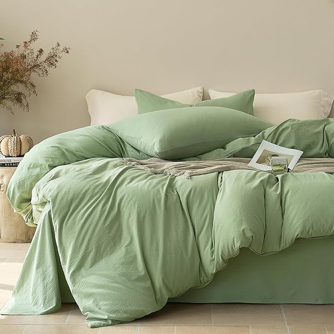 JELLYMONI Duvet Cover Full Size - Washed Cotton Comforter Cover with Linen-Like Texture, Breathable & Soft Bedding for Modern Home,Guest Room and Everyday Use,Mint Green 1 Duvet Cover & 2 Pillowcases