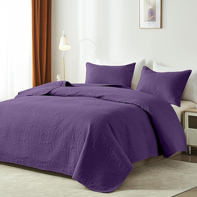 akkialla Purple Twin Quilt Set, Ultrasonic Lightweight Bedspread Coverlet for Modern Minimalist Bedroom, Soft Microfiber Coin Pattern Bedding, 2-Piece (1 Quilt, 1 Pillow Sham) | Breathable fabric