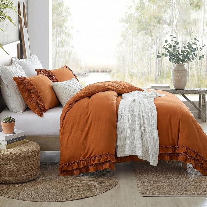 Bedorm Ruffled King Duvet Cover Burnt Orange Bedding Set Rust Lace Ruffle Boho Chic Bedroom Decor Super Soft Breathable Pumpkin Duvet Cover Set French Country Style
