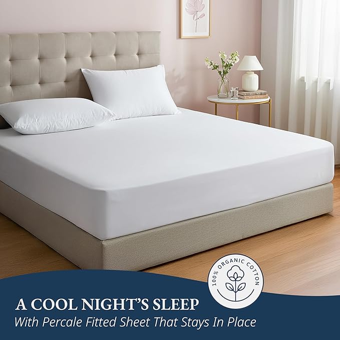 LANE LINEN Twin Fitted Sheets, 100% Organic Cotton 2-Piece Set (1 Fitted Sheet, 1 Pillowcase), Percale Weave, Bottom Sheet, Soft, Breathable, Fits Mattress Upto 15' Deep - White (No Flat Sheet)