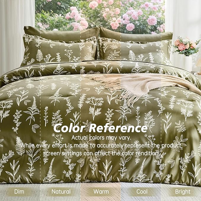 MUXHOMO Olive Green King Comforter Set, Elegant Floral Print Bed in a Bag 7 Pieces, Ultra Soft & Breathable Reversible Botanical Pattern Bedding Set with Comforter, Sheets, Pillowcases, and Shams