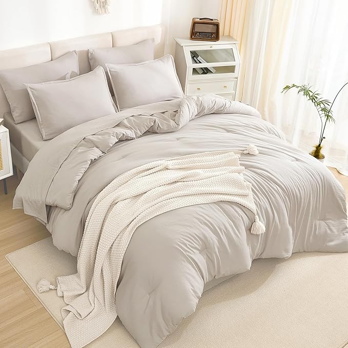 Litanika Queen Comforter Set Linen - 7 Pieces Bed in a Bag Queen Bedding Comforter Sets, Solid Lightweight Bed Set with Comforter, Sheets, Pillowcases & Shams