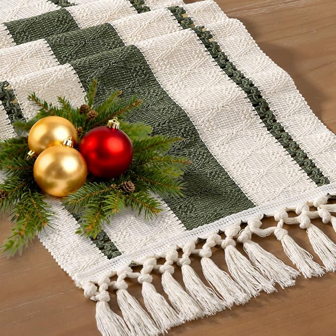Socomi Boho Table Runner Easter Spring Farmhouse Rustic Dining Kitchen Centerpiece Decor Small Macrame Woven Cotton Linen Coffee Table Runner for Dresser Scarf Home Decor 12x108 inch Olive Green